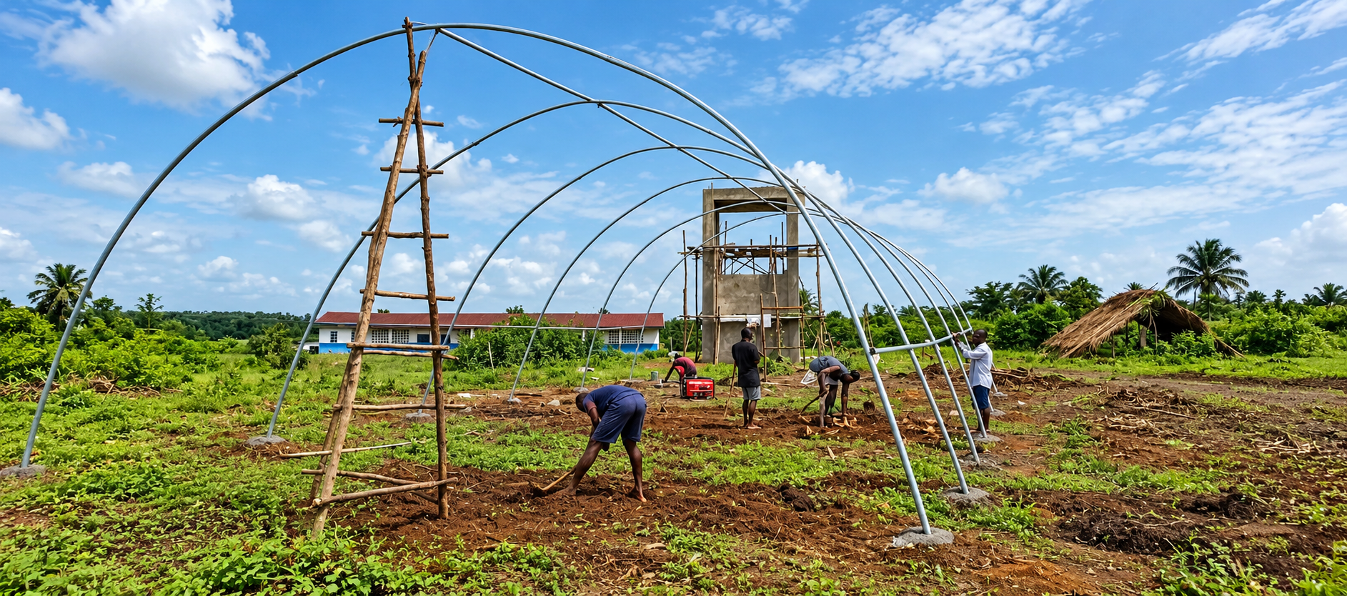 Green FAJ field team working on agricultural greenhouse infrastructure.